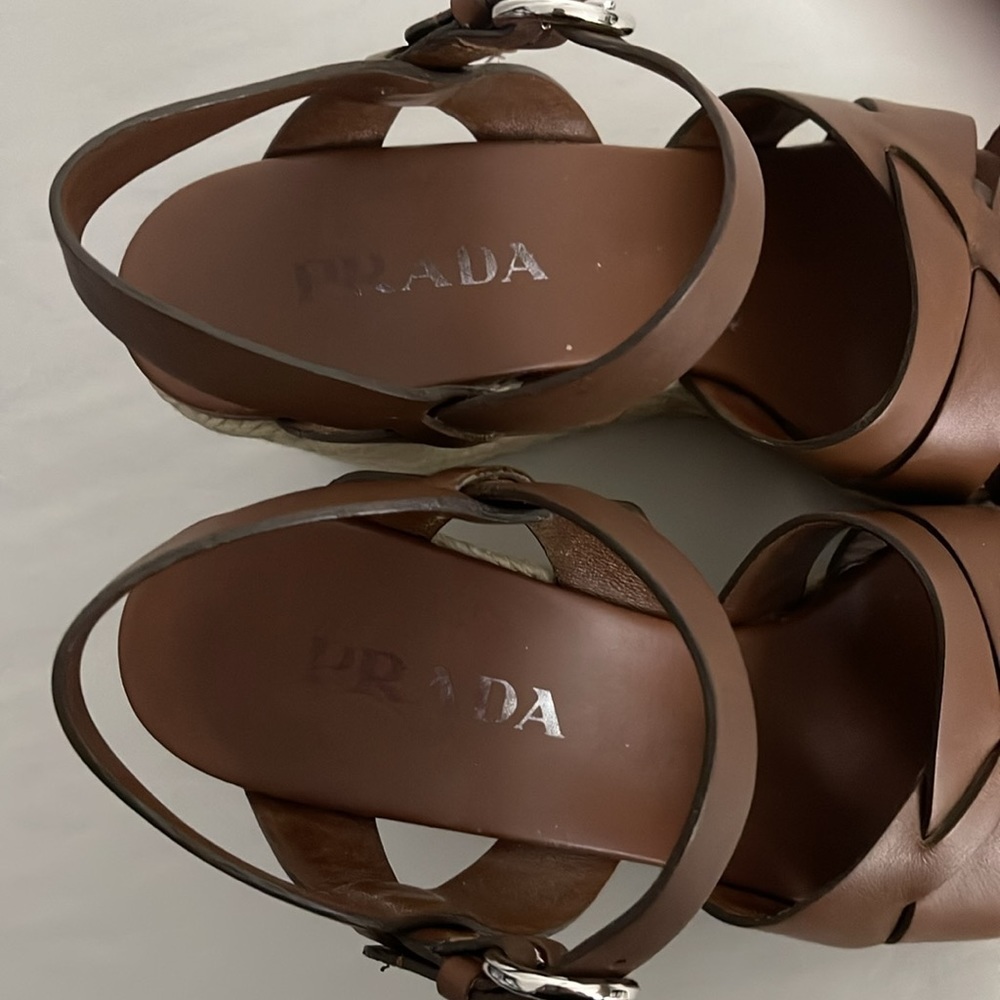 Prada Rony Brown Leather Strappy Espadrille Wedge Sandals Size 39 US 8.5 - Picture 2 of 9